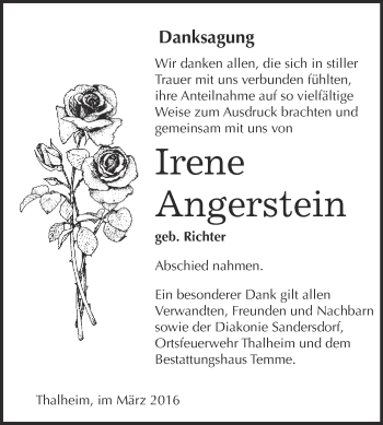 Traueranzeige von Irene Angerstein von WVG - Wochenspiegel Bitterfeld