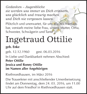 Traueranzeige von Ingetraud Ottilie von Mitteldeutsche Zeitung Sangerhausen
