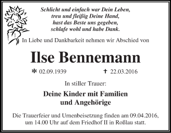 Traueranzeige von Ilse Bennemann von WVG - Wochenspiegel Dessau / Köthen
