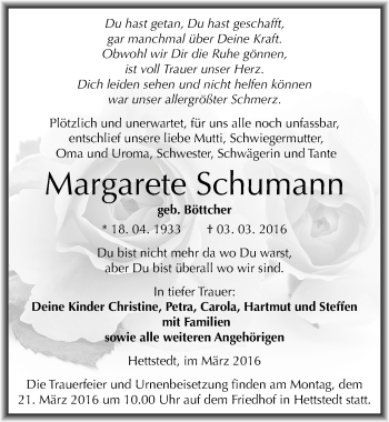 Traueranzeige von Margarete Schumann von Mitteldeutsche Zeitung Mansfelder Land