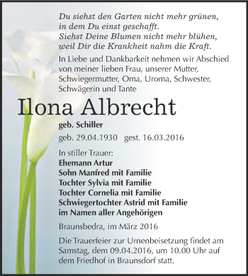 Traueranzeige von Ilona Albrecht von WVG - Wochenspiegel Merseburg