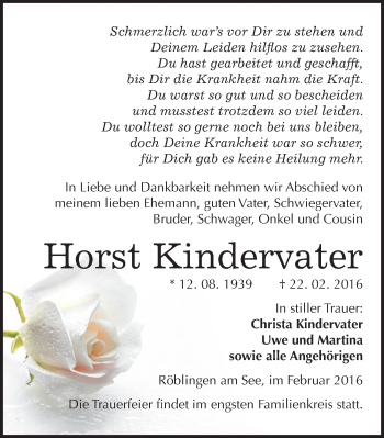 Traueranzeige von Horst Kindervater von Mitteldeutsche Zeitung Mansfelder Land