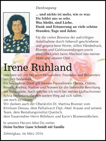 Traueranzeige von Irene Ruhland von WVG - Wochenspiegel Dessau / Köthen