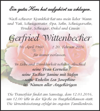 Traueranzeige von Gerfried Wittenbecher von WVG - Wochenspiegel NMB / WSF / ZTZ