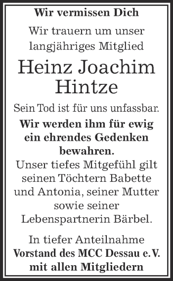 Traueranzeige von Heinz Joachim Hintze von WVG - Wochenspiegel Dessau / Köthen