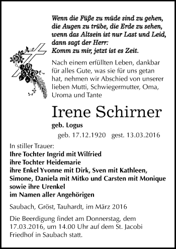 Traueranzeige von Irene Schirner von Mitteldeutsche Zeitung Naumburg/Nebra