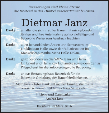 Traueranzeige von Dietmar Janz von Mitteldeutsche Zeitung Mansfelder Land