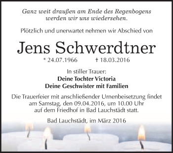 Traueranzeige von Jens Schwerdtner von WVG - Wochenspiegel Merseburg