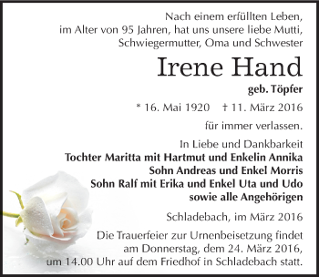 Traueranzeige von Irene Hand von Mitteldeutsche Zeitung Merseburg/Querfurt