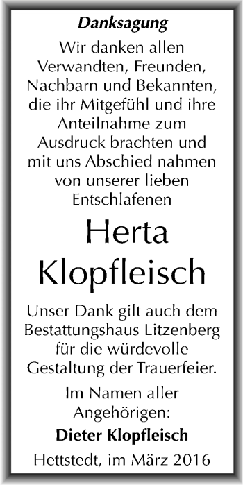 Traueranzeige von Herta Klopfleisch von Mitteldeutsche Zeitung Mansfelder Land