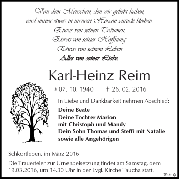 Traueranzeige von Karl-Heinz Reim von WVG - Wochenspiegel NMB / WSF / ZTZ