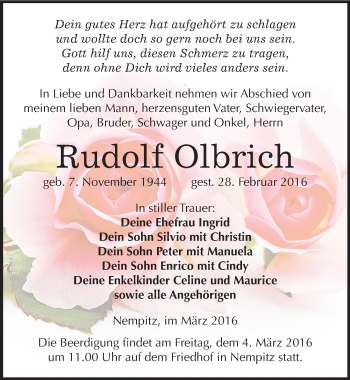 Traueranzeige von Rudolf Olbrich von Mitteldeutsche Zeitung Merseburg/Querfurt