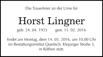 Traueranzeige von Horst Lingner von WVG - Wochenspiegel Dessau / Köthen
