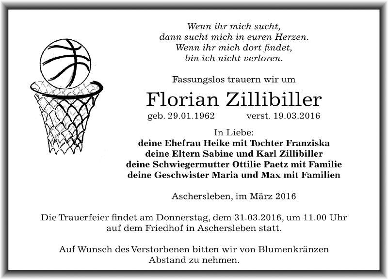  Traueranzeige für Florian Zillibiller vom 26.03.2016 aus Mitteldeutsche Zeitung Aschersleben