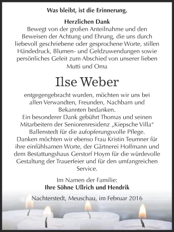 Traueranzeige von Ilse Weber von Super Sonntag Aschersleben