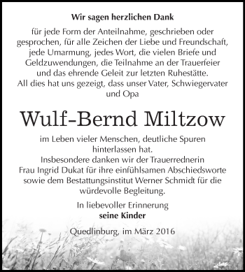 Traueranzeige von Wulf-Bernd Miltzow von WVG - Wochenspiegel Quedlinburg