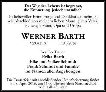 Traueranzeige von Werner Barth von Mitteldeutsche Zeitung Halle/Saalkreis