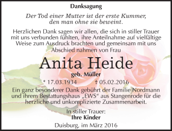 Traueranzeige von Anita Heide von Mitteldeutsche Zeitung Mansfelder Land