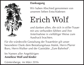 Traueranzeige von Erich Wolf von WVG - Wochenspiegel Quedlinburg