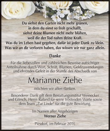 Traueranzeige von Marianne Ziehe von Mitteldeutsche Zeitung Bernburg