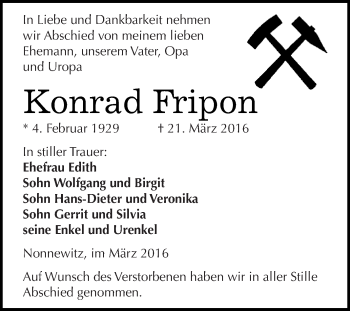 Traueranzeige von Konrad Fripon von Super Sonntag Zeitz