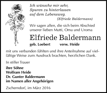 Traueranzeige von Elfriede Baldermann von Mitteldeutsche Zeitung Bitterfeld