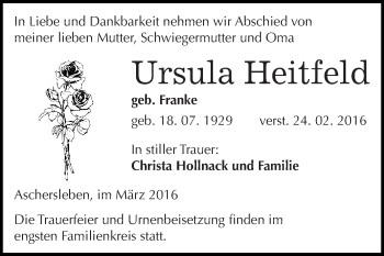 Traueranzeige von Ursula Heftfeld von Super Sonntag Aschersleben