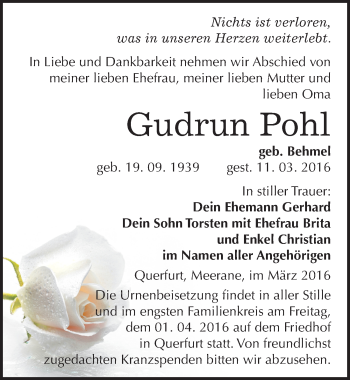 Traueranzeige von Gudrun Pohl von Mitteldeutsche Zeitung Merseburg/Querfurt