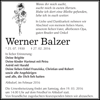 Traueranzeige von Werner Balzer von Wochenspiegel Mansfelder Land