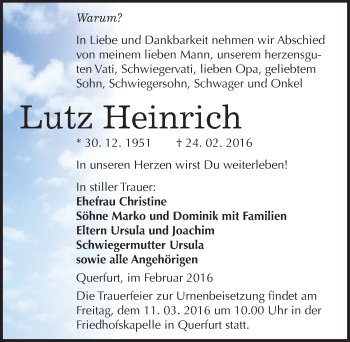 Traueranzeige von Lutz Heinrich von Mitteldeutsche Zeitung Merseburg/Querfurt