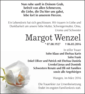 Traueranzeige von Margot Wenzel von WVG - Wochenspiegel NMB / WSF / ZTZ