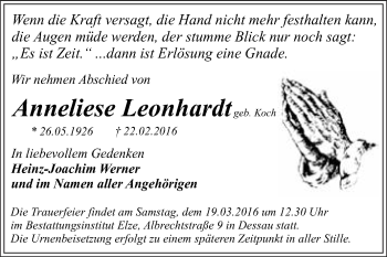 Traueranzeige von Anneliese Leonhardt von WVG - Wochenspiegel Dessau / Köthen