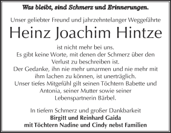 Traueranzeige von Heinz Joachim Hintze von WVG - Wochenspiegel Dessau / Köthen