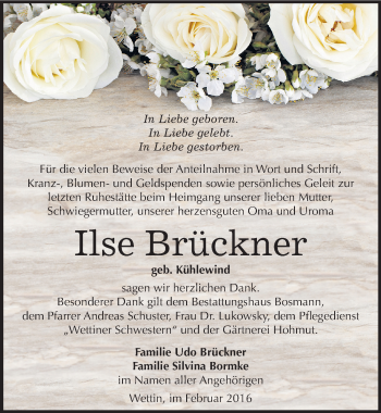 Traueranzeige von Ilse Brückner von Mitteldeutsche Zeitung Halle/Saalkreis