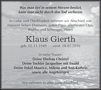 Traueranzeige von Klaus Gierth von WVG - Wochenspiegel NMB / WSF / ZTZ