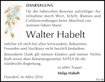 Traueranzeige von Walter Habelt von Super Sonntag Zeitz