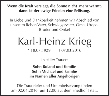 Traueranzeige von Karl-Heinz Krieg von WVG - Wochenspiegel Dessau / Köthen