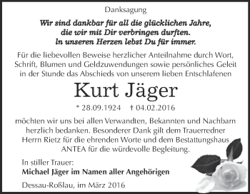 Traueranzeige von Kurt Jäger von WVG - Wochenspiegel Dessau / Köthen
