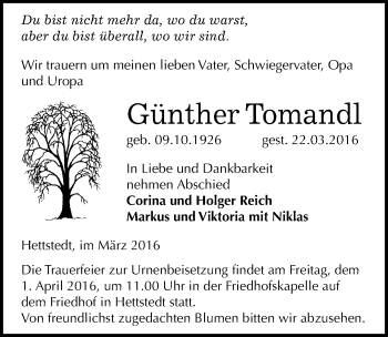 Traueranzeige von Günther Tomandl von Mitteldeutsche Zeitung Mansfelder Land