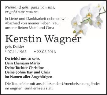 Traueranzeige von Kerstin Wagner von WVG - Wochenspiegel Wittenberg