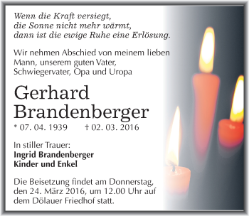 Traueranzeige von Gerhard Brandenberger von Mitteldeutsche Zeitung Halle/Saalkreis