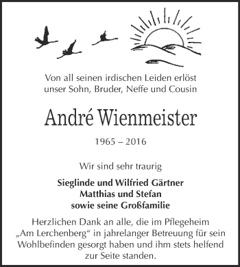 Traueranzeige von André Wienmeister von WVG - Wochenspiegel Wittenberg