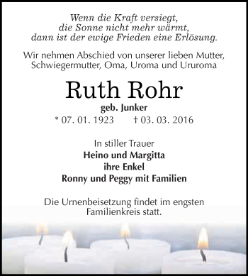 Traueranzeige von Ruth Rohr von WVG - Wochenspiegel Dessau / Köthen