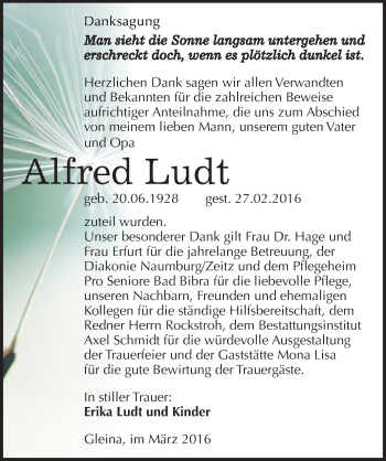 Traueranzeige von Alfred Ludt von Mitteldeutsche Zeitung Naumburg/Nebra