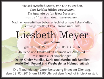 Traueranzeige von Liesbeth Meyer von Mitteldeutsche Zeitung Halle/Saalkreis
