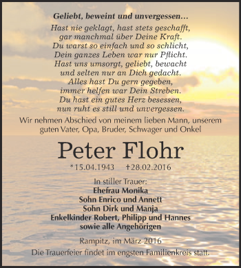 Traueranzeige von Peter Flohr von Super Sonntag Merseburg