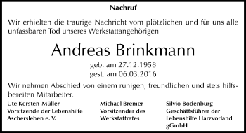 Traueranzeige von Andreas Brinkmann von Mitteldeutsche Zeitung Aschersleben