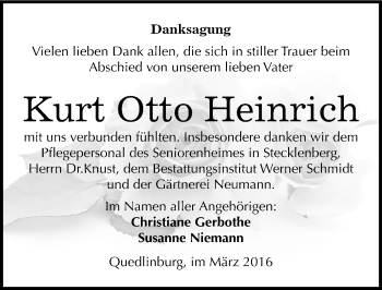 Traueranzeige von Kurt Otto Heinrich von Mitteldeutsche Zeitung Quedlinburg