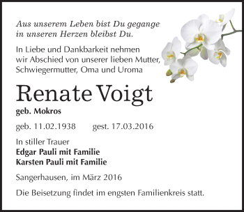 Traueranzeige von Renate Voigt von Mitteldeutsche Zeitung Sangerhausen
