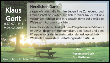 Traueranzeige von Klaus Gorlt von Mitteldeutsche Zeitung Weißenfels